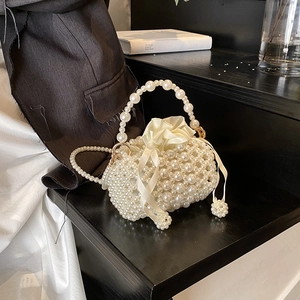 Girls Mini Artificial Pearl Bag Faux Artificial Pearl Woven Crossbody Handbag With Drawstring Satin Lining Princess Style For Kids