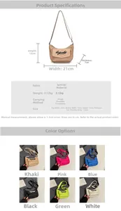 Size chart showing dimensions of 21x13x7cm for the kids' crossbody letter print bag