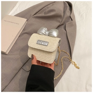 Close-up of mini straw bag with silver bow accent and gold chain crossbody strap