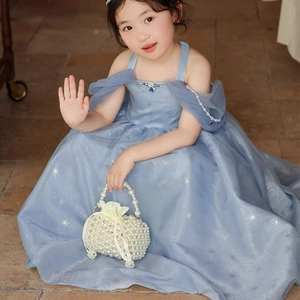 Blue tulle princess dress with silver star glitter and pearl woven handbag for girls