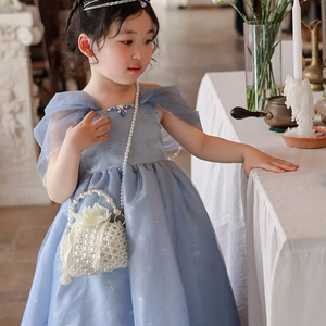 Sweet light blue star tulle dress for girls with pearl woven bag and headband set