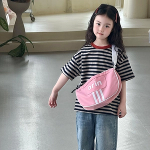 Pink striped crossbody bag for kids with adjustable strap and white letter print