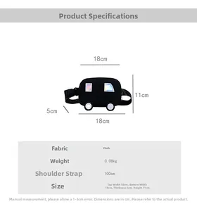 Detailed size specifications of the car-shaped canvas crossbody bag for kids