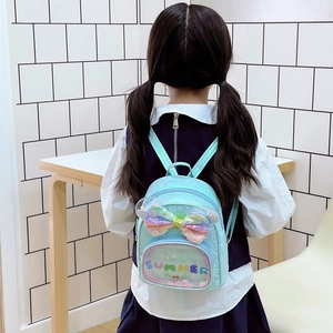 Zaino celeste per bambini con fiocco di paillettes arcobaleno e tasca trasparente
