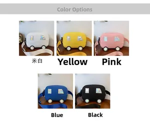 Detailed grid view showing colorful car-shaped canvas crossbody bags for kids in five colors