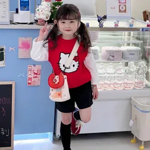 Süße rote Strickweste für Kinder mit Hello-Kitty-Stickerei und Rundhalsausschnitt