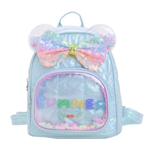 Zaino per bambini in PU laser azzurro con fiocco di paillettes e tasca trasparente