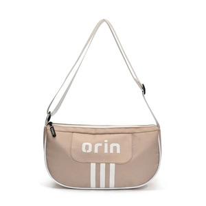 Fashionable sand beige kids crossbody bag with white vertical stripes and orin print