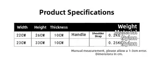 Detailed size chart for kids' nylon backpacks showing two capacity options and dimensions