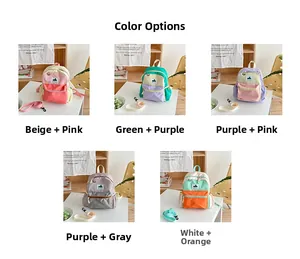 Detailed grid of five color-block kids backpacks with matching lanyards and zip pockets