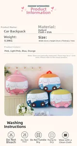 Detail showing materials and dimensions for the cute bus-shaped kids' backpack