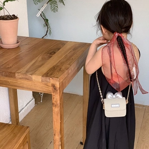 Straw mini crossbody bag for kids with silver bow and red mesh headband accessory