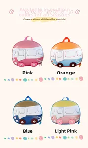 Detailed grid view of cute bus-shaped kids backpacks in pink, orange, blue, and light pink