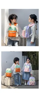 Detail of color-block kids backpack showing front zipper pocket and side mesh storage pouch