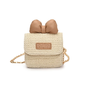 Mini straw crossbody bag for kids featuring a large brown leather bow and gold chain