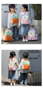 Detail of color-block waterproof school backpack with multiple pockets for kids