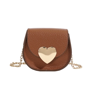 Mini sac bandoulière marron grain litchi avec fermoir coeur doré et chaîne métal