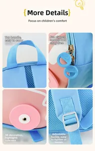 Detailed view of bus backpack featuring 3D wheels, smooth zipper and adjustable buckles