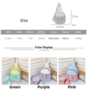 Guide des tailles sac bandoulière enfant en nylon avec dimensions 13,5x17x7cm et sangle