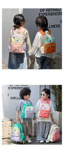 Detail of color-block kids backpack with front zipper pocket and side mesh storage