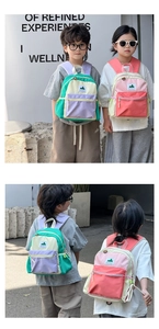 Detail shot of stylish color-block school backpack showing side pockets and zipper