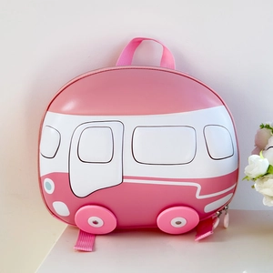 Front view of pink bus-shaped kids hard shell backpack with cute cartoon car details