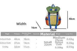 Size chart for children's oxford backpack showing dimensions and weight for three sizes