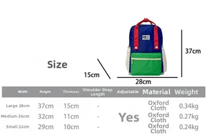 Tableau des tailles pour sacs à dos en tissu Oxford en tailles L, M et S avec mesures