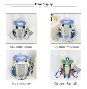 Size comparison chart for color-block canvas backpacks in small, medium, and large sizes