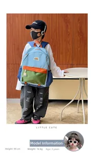 Detailed shot of kids' color-block backpack showing zipper compartments and side mesh pockets