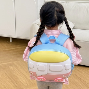 Lightweight bus-shaped toddler backpack for kindergarten boys and girls in blue and yellow