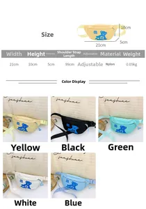 Detailed size chart and multi-color nylon waist bags with cute bear prints for kids