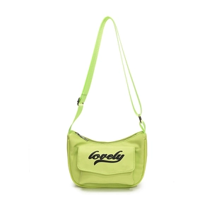 Neon green crossbody bag for kids featuring a semi-moon shape and lovely text print