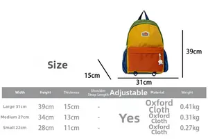 Size chart for kids colorblock backpacks in large, medium, and small oxford fabric sizes