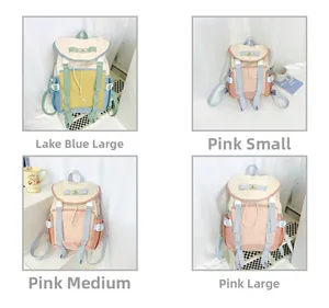 Size comparison of lake blue and pink drawstring school bags in small, medium and large