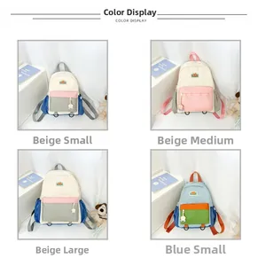 Detailed comparison of colorblock school backpacks in various sizes and color options