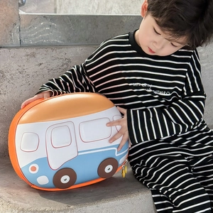 Cute bus-shaped hardshell toddler backpack in orange and blue for boys and girls