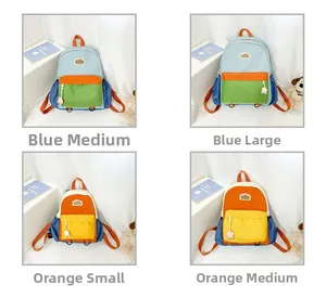 Detailed comparison of colorblock school bags in blue and orange across three sizes