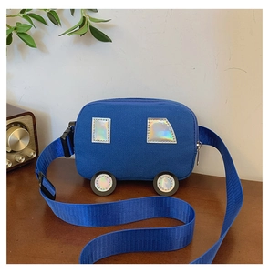 Detail of blue car-shaped canvas bag with holographic windows and adjustable strap