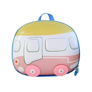 Cute bus-shaped preschool backpack for kids with a light yellow and pink hard shell design