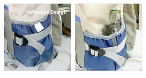 Detail of backpack side pocket with reflective design and adjustable buckle strap