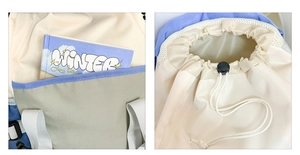 Detail of the drawstring closure and side storage pocket on the kids backpack