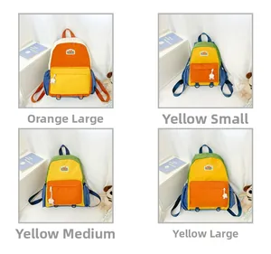 Four grid layout showing vibrant nylon backpacks in various sizes with cute duck pendants