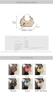 Detailed size chart and multi-color selection of small PU leather hobo handbag with chain