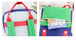 Vue détaillée du dos en mesh respirant et de la poche avant du sac à dos pour enfants