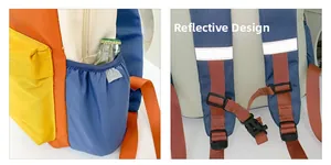 Detail of school backpack featuring reflective safety strips and elastic side pockets