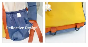 Detail view of reflective strips, mesh pockets, and shoulder straps on kids backpack