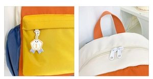 Detailed view of kids backpack featuring orange carry handle and smiley face charm