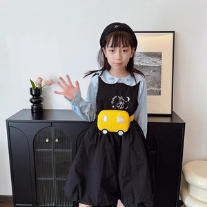 Kids cute yellow car-shaped canvas chest bag with contrast colors and adjustable strap