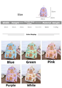 Capybara school backpack size chart with dimensions and five color options display
